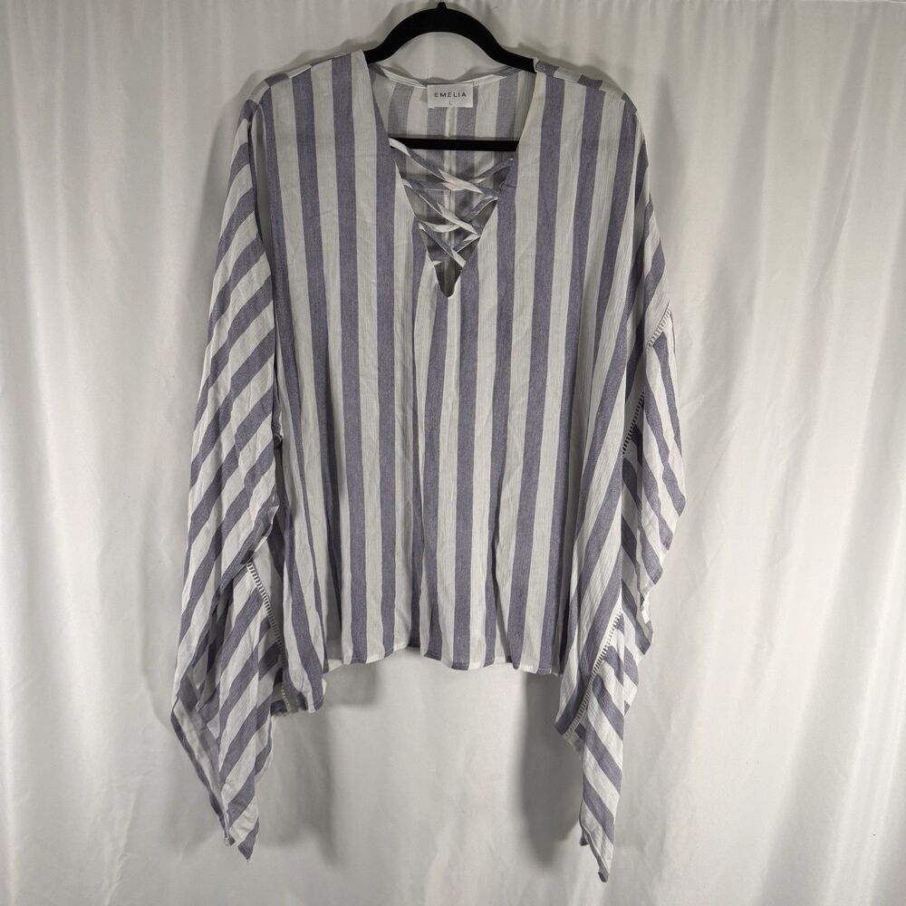 Emelia Blouse Women's Large Blue White Striped Lightweight Flowy V-Neck
